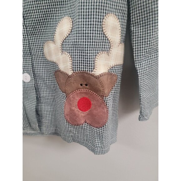 Kids Green Gingham Button-Up Shirt W/Reindeer Applique Long Sleeve Size 6/7 - Picture 2 of 4